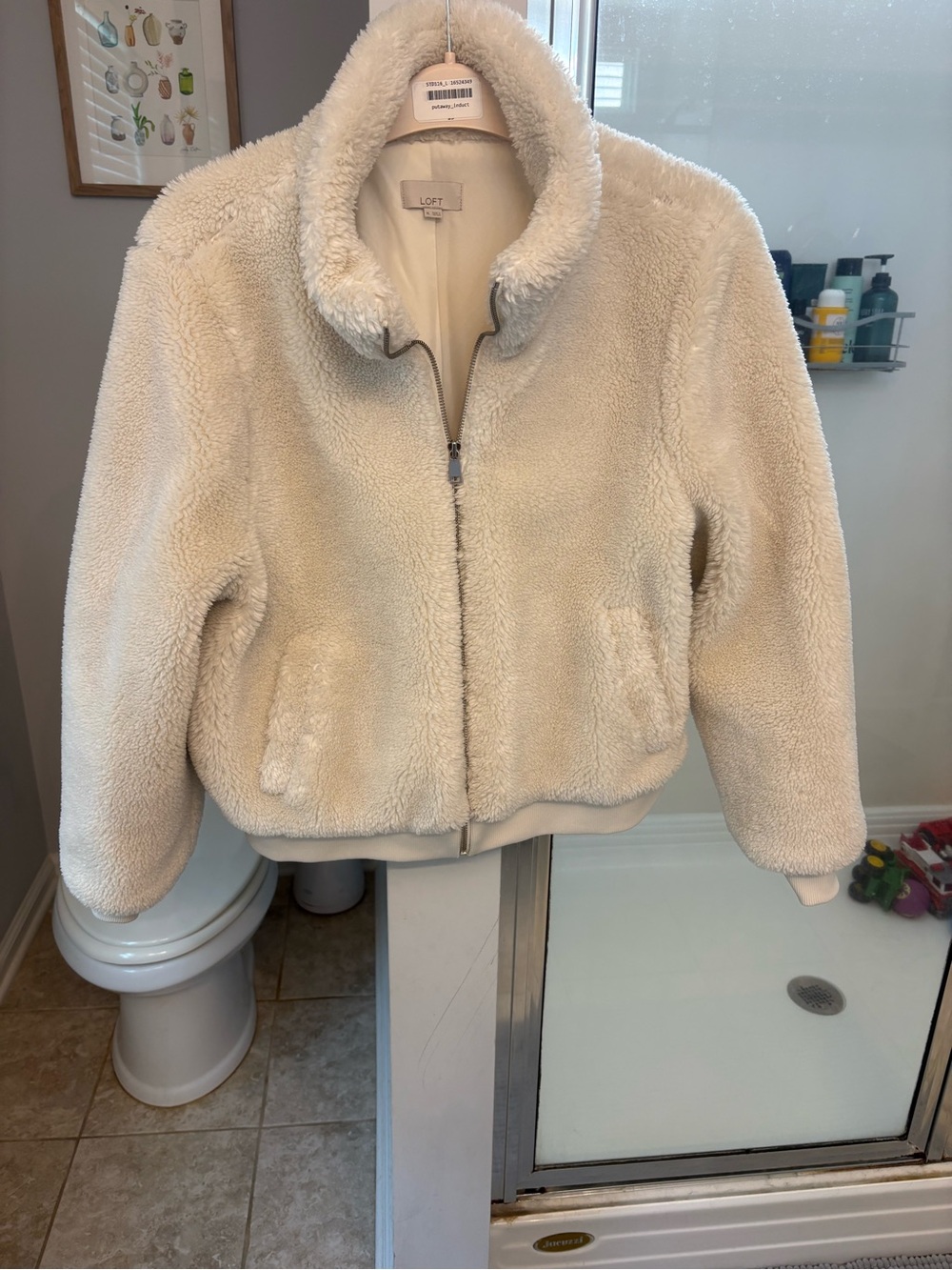 LOFT Womens XL Cream Sherpa Teddy Jacket Faux Fur Full Zip Bomber Cozy